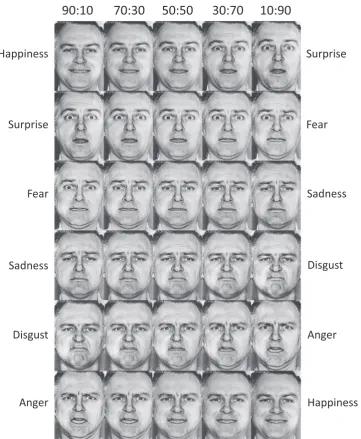 Fig. 2. The continuum of faces used for the Emotion Hexagon Test. A total of 30 morphed faces of the same male poser were used