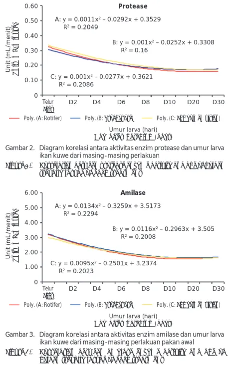 Gambar 3. Diagram korelasi antara aktivitas enzim amilase dan umur larva ikan kuwe dari masing-masing perlakuan pakan awal