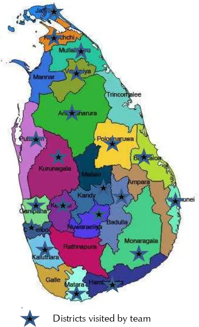 Figure 1: Map of Sri Lanka showing districts visited by the review team 