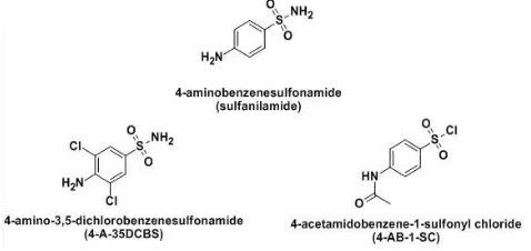 Figure 1.  Structure of sulfanilamide and examples of student derivatives (4-A-35DCBS and 4-AB-1-SC) 