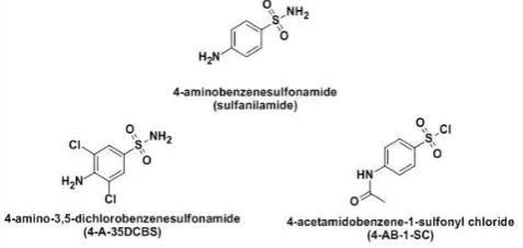 Figure 1.  Structure of sulfanilamide and examples of student derivatives (4-A-35DCBS and 4-AB-1-SC) 