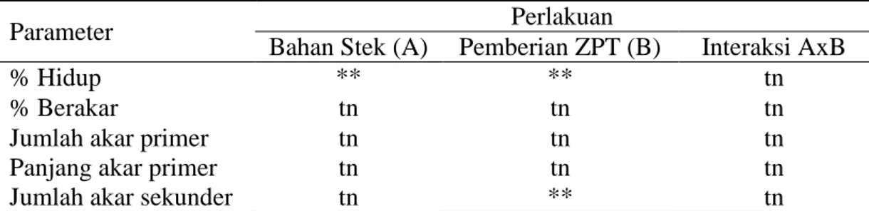 Tabel 2  Rekapitulasi hasil sidik ragam pengaruh bahan stek dan pemberian ZPT  terhadap beberapa parameter stek kayu kuku 