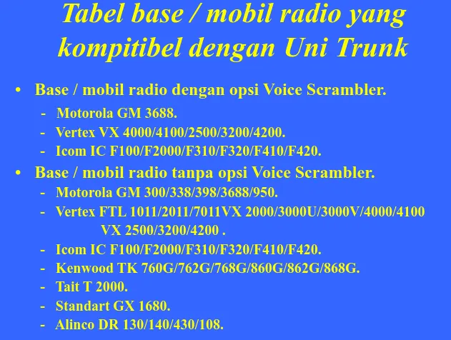 Tabel base / mobil radio yangkompitibel dengan Uni Trunk