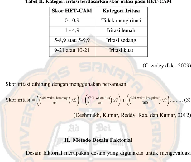 Tabel II. Kategori iritasi berdasarkan skor iritasi pada HET-CAM  Skor HET-CAM  Kategori Iritasi 