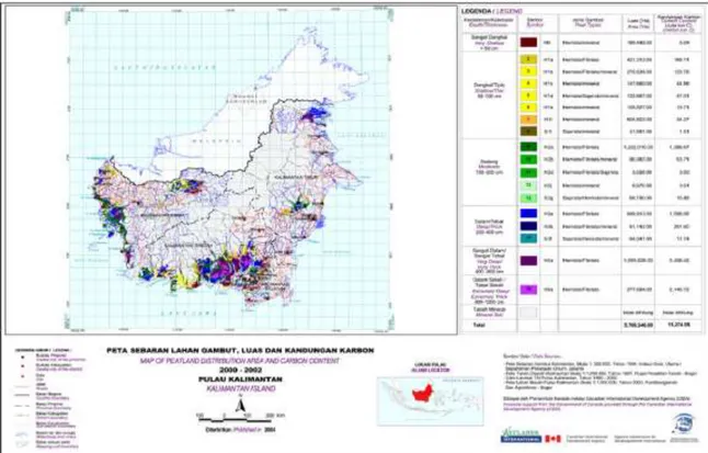 Gambar 2 – Peta Sebaran Gambut, Lahan, dan Kandungan Karbon di Kalimantan  (Wetlands Internasional, 2004) 