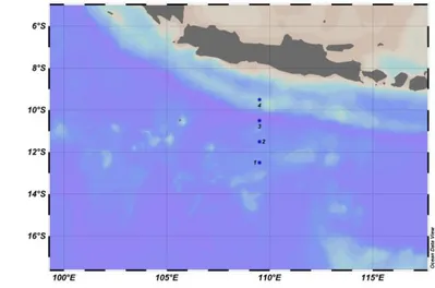 Gambar 1.  Lokasi transek dan stasiun data (Selatan Pulau Jawa) 