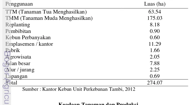 Tabel 2 Luas areal lahan dan tata guna lahan  Unit Perkebunan Tambi 2012 