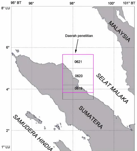 Gambar 1.  Lokasi daerah penelitian di Selat Malaka dan sekitarnya, Lembar Peta 0619, 0620 dan 0621 (P3GL, 2008)