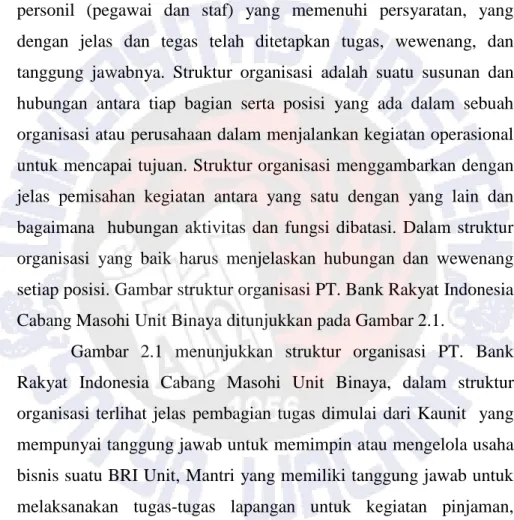 Gambar  2.1  menunjukkan  struktur  organisasi  PT.  Bank  Rakyat  Indonesia  Cabang  Masohi  Unit  Binaya,  dalam  struktur  organisasi  terlihat  jelas  pembagian  tugas  dimulai  dari  Kaunit    yang  mempunyai tanggung jawab untuk memimpin atau mengelo