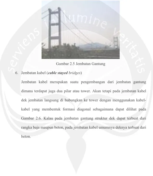 Gambar 2.5 Jembatan Gantung  6. Jembatan kabel (cable stayed bridges)
