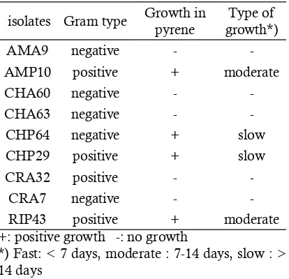 Table 2. Growth of bacterial isolates on MSM agar plate with pyrene