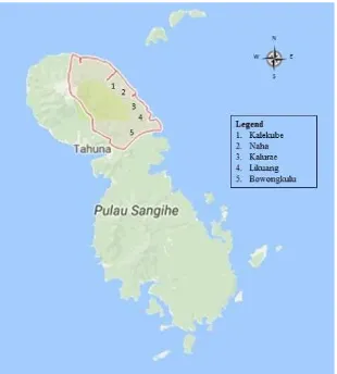 Figure 1. Research site, Sangihe Island. Tabukan Utara district marked with a red border