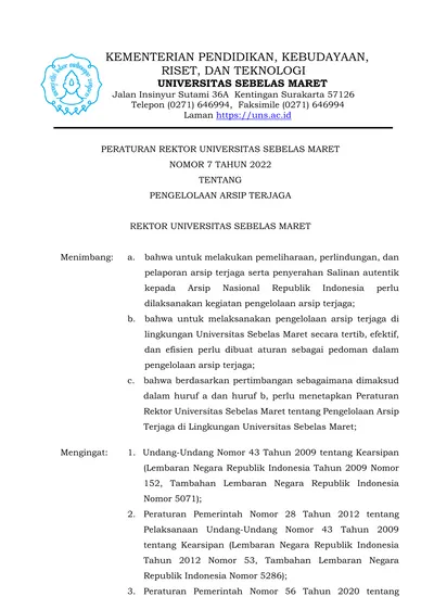 PERATURAN REKTOR UNIVERSITAS SEBELAS MARET NOMOR 7 TAHUN 2022 TENTANG ...