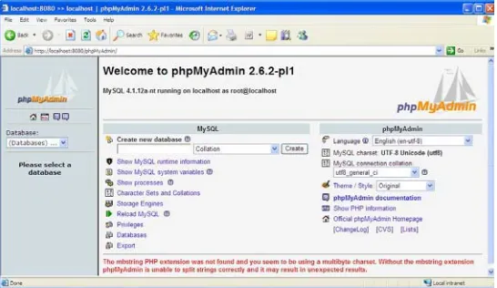 Gambar 10.9.  Tampilan awal phpMyAdmin. 