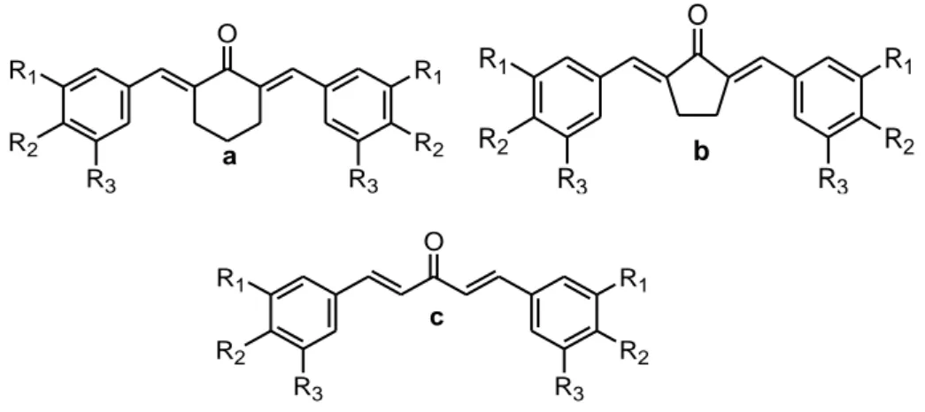 Gambar 3. Struktur senyawa Heksagamavunon(a), Pentagamavunon (b), dan  Gamavuton (c) (Sardjiman, 2000) 