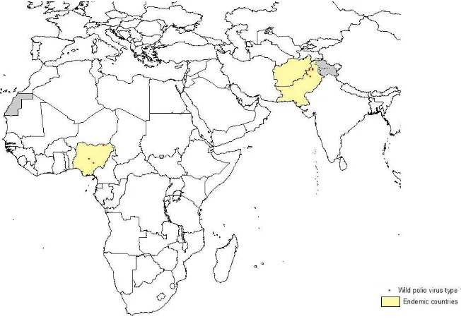 Figure 1. Global distribution of wild poliovirus, 1 January―5 March 2013 