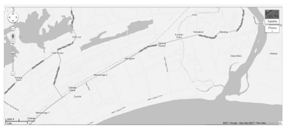 Gambar 3.Lokasi pengambilan sampel udara PLTU Jateng II (Googlemap, 2011)  Lokasi pengambilan sampel terletak disebelah timur, utara dan barat PLTU sejauh 1500 meter