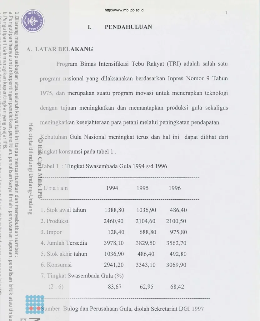 Tabel 1 : Tingkat Swasembada Gula 1994 sid 1996