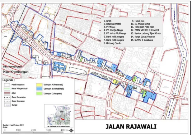 Gambar 16 Peta pelestatarian fisik bangunan kuno di Jalan Rajawali. 