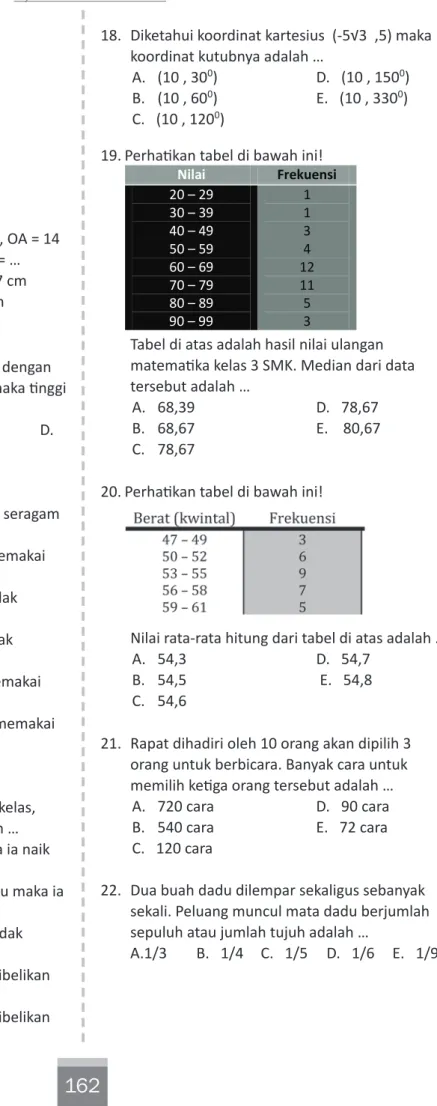 Tabel di atas adalah hasil nilai ulangan  matematika	kelas	3	SMK.	Median	dari	data	 tersebut adalah … A