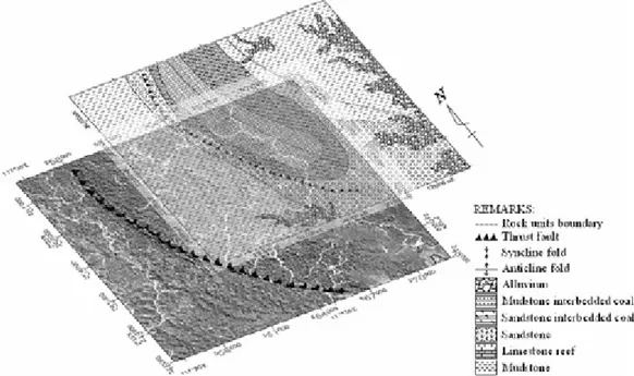 Gambar  II.6.    Peta  geologi  lokal  overlay  dengan  peta  Landsat  TM  daerah  Lati,  Sub Cekungan Berau (Heriawan, M.N