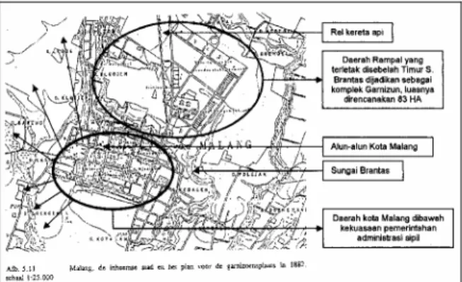 Gambar 2. Peta Kota Malang pada th. 1882. Di  dalam peta terlihat dengan jelas daerah Ngrampal  (Rampal) yang terletak disebelah Timur sungai  Brantas dikembangkan sebagai daerah militer