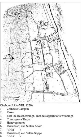 Gambar 1. Peta kuno (antara  th. 1700 an) Kota Cirebon.  Terlihat di dalam peta tersebut daerah pemukiman orang Cina (no