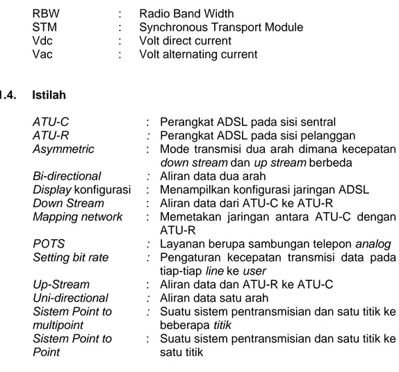 Gambar 1. Konfigurasi ADSL STM-1 Ethernet 10 Base T  ATM (optional)  Kanal nxE1 (optional)  1pair cable  USB  Ethernet  10 Base T  POTS ISDN BRA Kanal nx64 kbit/s (optional) ATU- ATU- 
