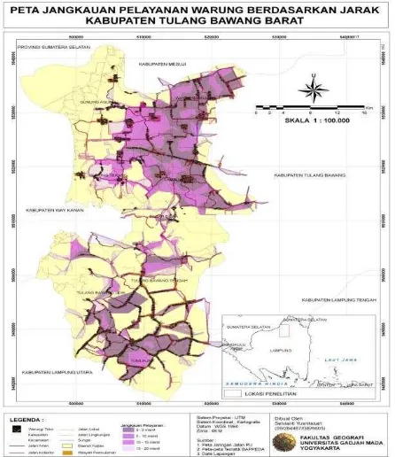 Gambar 1. Peta Jangkauan Pelayanan Warung/ Toko  Berdasarkan Jarak Kabupaten Tulang Bawang Barat 