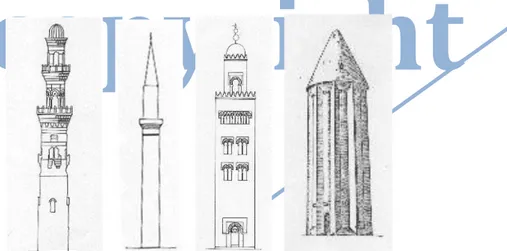 gambar 2: Berbagai gaya menara; menara Qusun (Kairo), gaya menara pensil  (Ottoman), Menara Abd Al-rahman (Cordoba), dan Gumbat-I Qabus (Iran)  