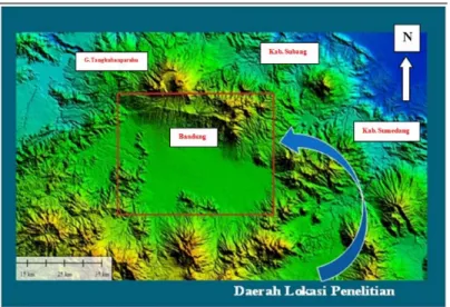 Gambar 1. Lokasi Penelitian di wilayah CAT Bandung-Soreang dalam citra Shuttle Radar Topographic Mission (SRTM)