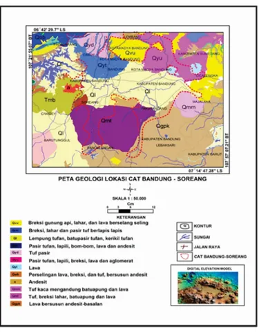 Gambar 3. Peta dan penampang geologi daerah CAT Bandung-Soreang[1, 5, 8]