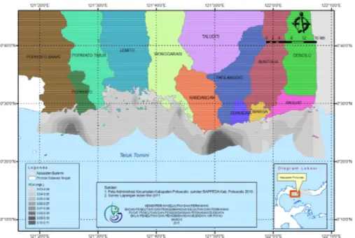 Gambar  9. Peta sebaran PO 4  untuk pengembangan budidaya rumput laut Kabupaten  Pohuwato  Provinsi  Gorontalo