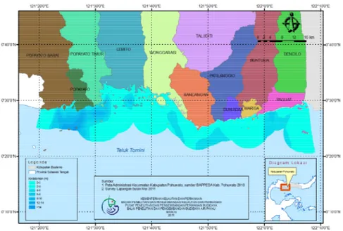 Gambar  3. Peta  sebaran  kedalaman  untuk  pengembangan  budidaya rumput  laut  Kabupaten  Pohuwato  Kabupaten  Gorontalo