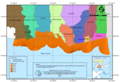 Gambar  6. Peta  sebaran  salinitas  untuk  pengembangan  budidaya rumput  laut  Kabupaten  Pohuwato  Provinsi  Gorontalo