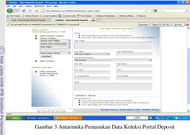 Gambar 3 Antarmuka Pemasukan Data Koleksi Portal Deposit  (b)  Pemasukan data wajib serah 
