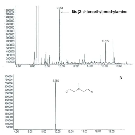 Gambar 3. Total Ion Chromatography. A= contoh, B = Standar 