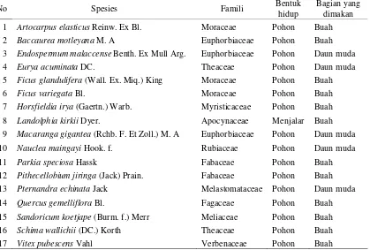 Tabel 1. Jenis-jenis tumbuhan yang dikonsumsi oleh ungko (Hylobates agilis) di HPPB Universitas Andalas