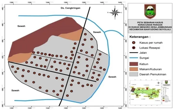 Gambar 1. Peta Sebaran Kasus Keracunan Pangan di Dukuh Menoro Desa  Jembungan Kecamatan Banyudono Boyolali Tahun 2014