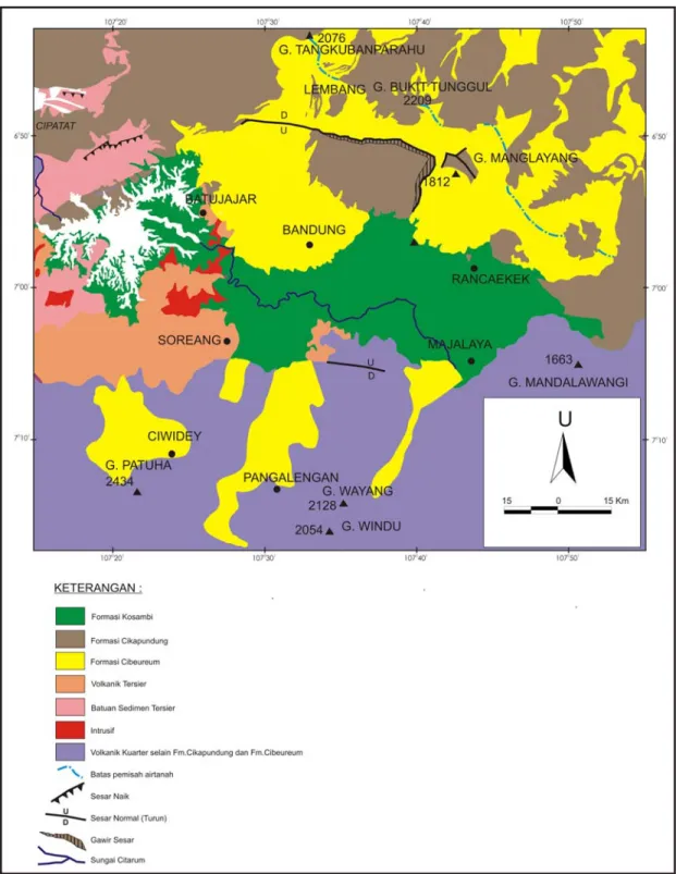 Gambar 2. Peta geologi daerah penelitian, hasil kompilasi dan modifikasi dari  Alzwar dkk (1992), Iwaco-Waseco dan PU (1990), Koesoemadinata dan Hartono (1981), 
