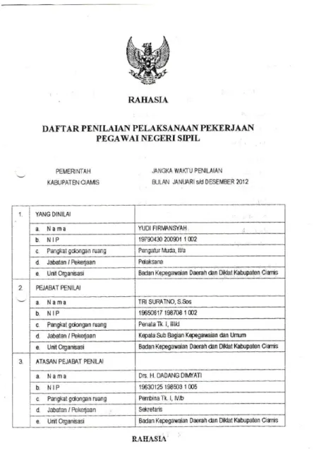 Gambar 3.1 Contoh Daftar Penilaian Pelaksanaan Pegawai  Sumber: BNN Kabupaten Ciamis 