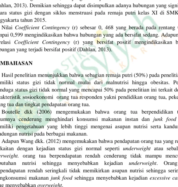 Tabel 5 Hasil Uji Chi Square Hubungan Status Gizi dan Siklus Menstruasi Remaja  Putri Kelas XI di SMK N 4 Yogyakarta Tahun 2015 