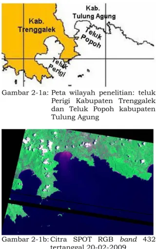Gambar 2-1a: Peta  wilayah  penelitian:  teluk  Perigi  Kabupaten  Trenggalek  dan  Teluk  Popoh  kabupaten  Tulung Agung 