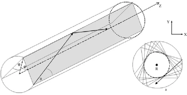 Gambar 2.10  Suatu berkas terpelintir (skewed ray) terletak dalam suatu bidang  offset dari sumbu fiber dengan jarak R