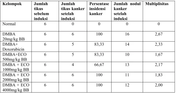 Tabel 3. Jumlah tikus sebelum dan sesudah induksi kanker, insidensi, nodul dan multiplisitas tikus betina Wistar Setelah Induksi dengan DMBA
