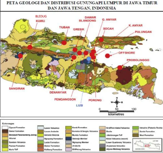 Gambar  1.2.  Peta  geologi  dan  distribusi  mud  volcano  di  Jawa  Tengah  dan Jawa Timur (Istadi, dkk, 2009) 