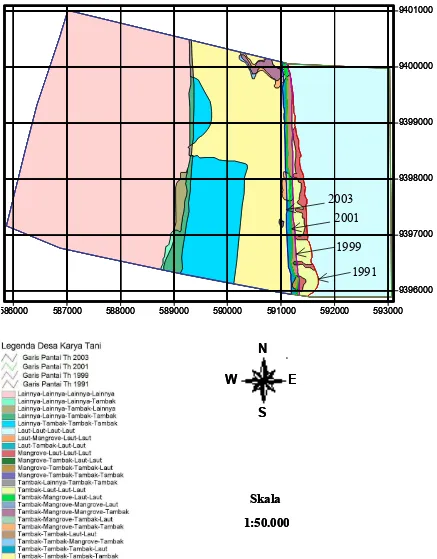 Gambar 4. Citra Landsat Perubahan Garis Pantai 1991, 1999, 2001 dan 2003 Desa Karya Tani, Kabu-paten Lampung Timur 