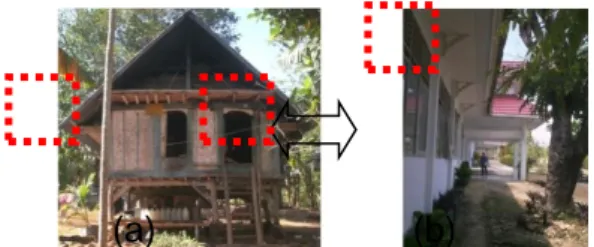 Gambar 2. (a) bentuk pabate segitiga di  rumah Maradika dan (b) konsol overstek di  Kantor BKDD (Sumber: Hasil dokumentasi 