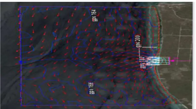 Gambar 6. Simulasi Pola Arus saat Pasang Menuju Selatan  b.  Hasil simulasi sebaran temperatur 