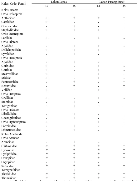 Tabel 2. Ordo dan famili artropoda predator yang ditemukan di sawah lebak dan pasang surut SumateraSelatan Lahan Pasang Surut 